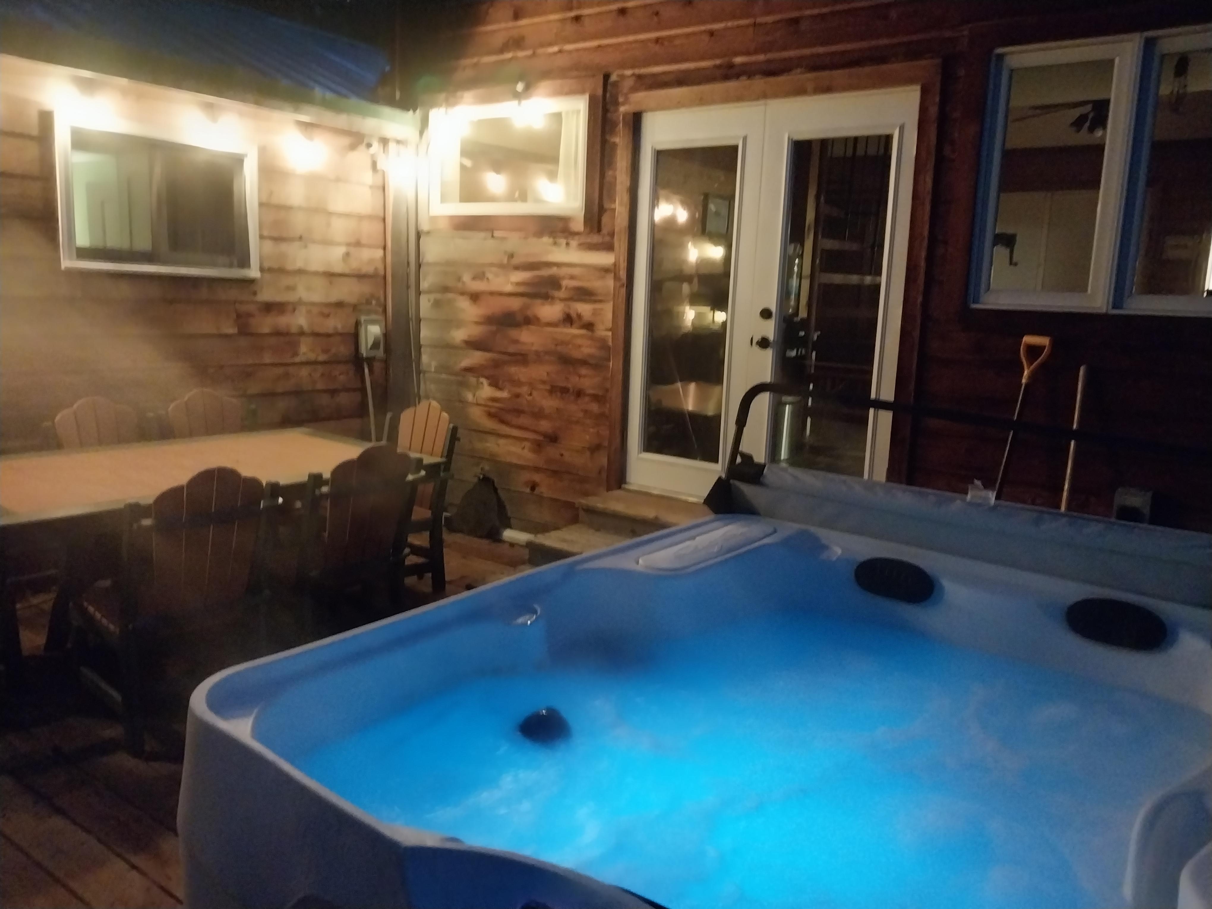 The back porch is the perfect relaxing point anytime of day. The hot tub was wonderful tempted for 104* lights and jets all functioned beautifully. The outdoor light are able to be plugged in with closely provided plug box which is a bonus.