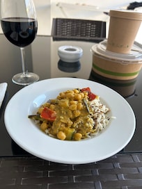 Vegetable green curry and rice from the hotel restaurant