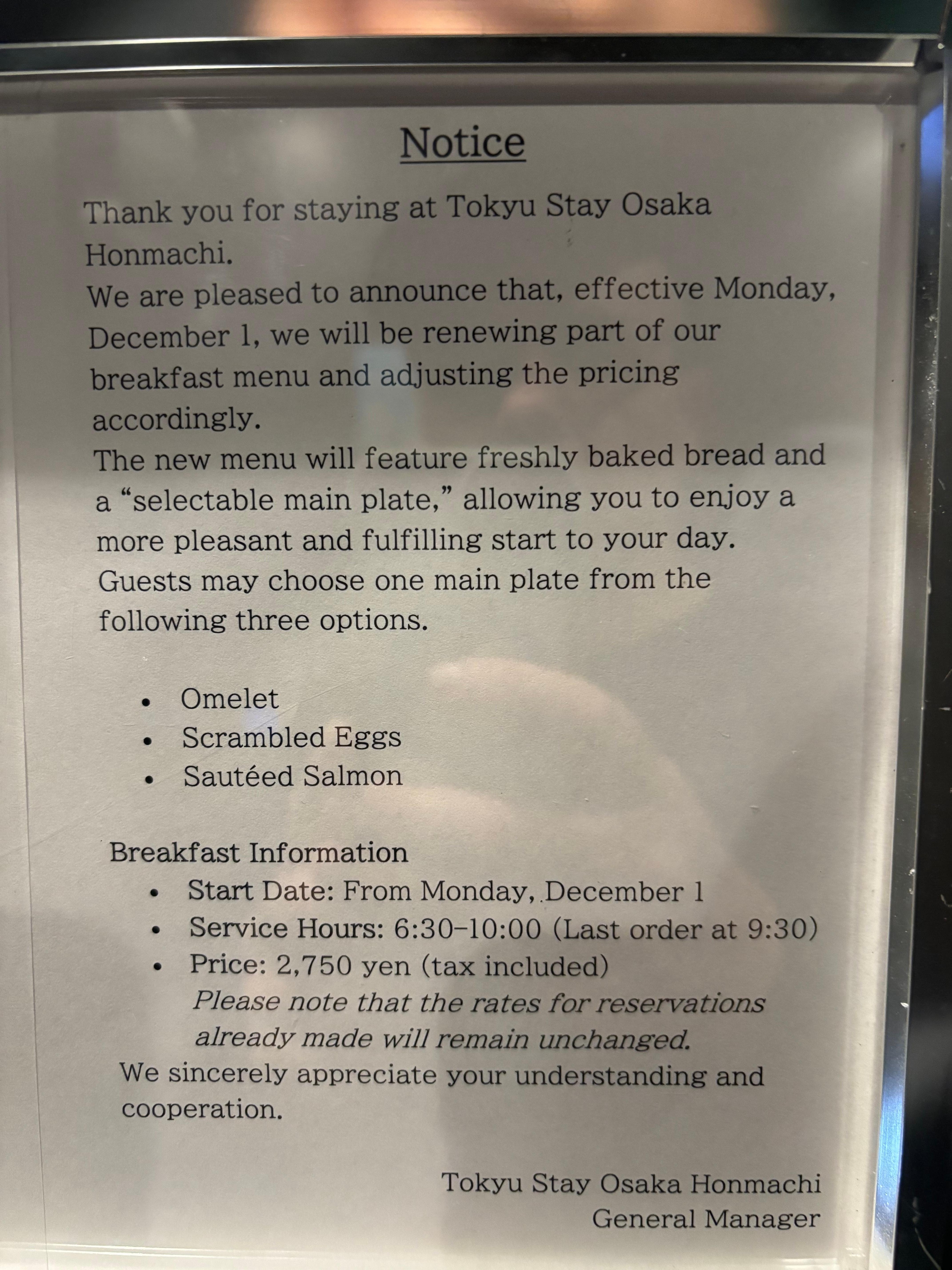 New breakfast prices and conditions