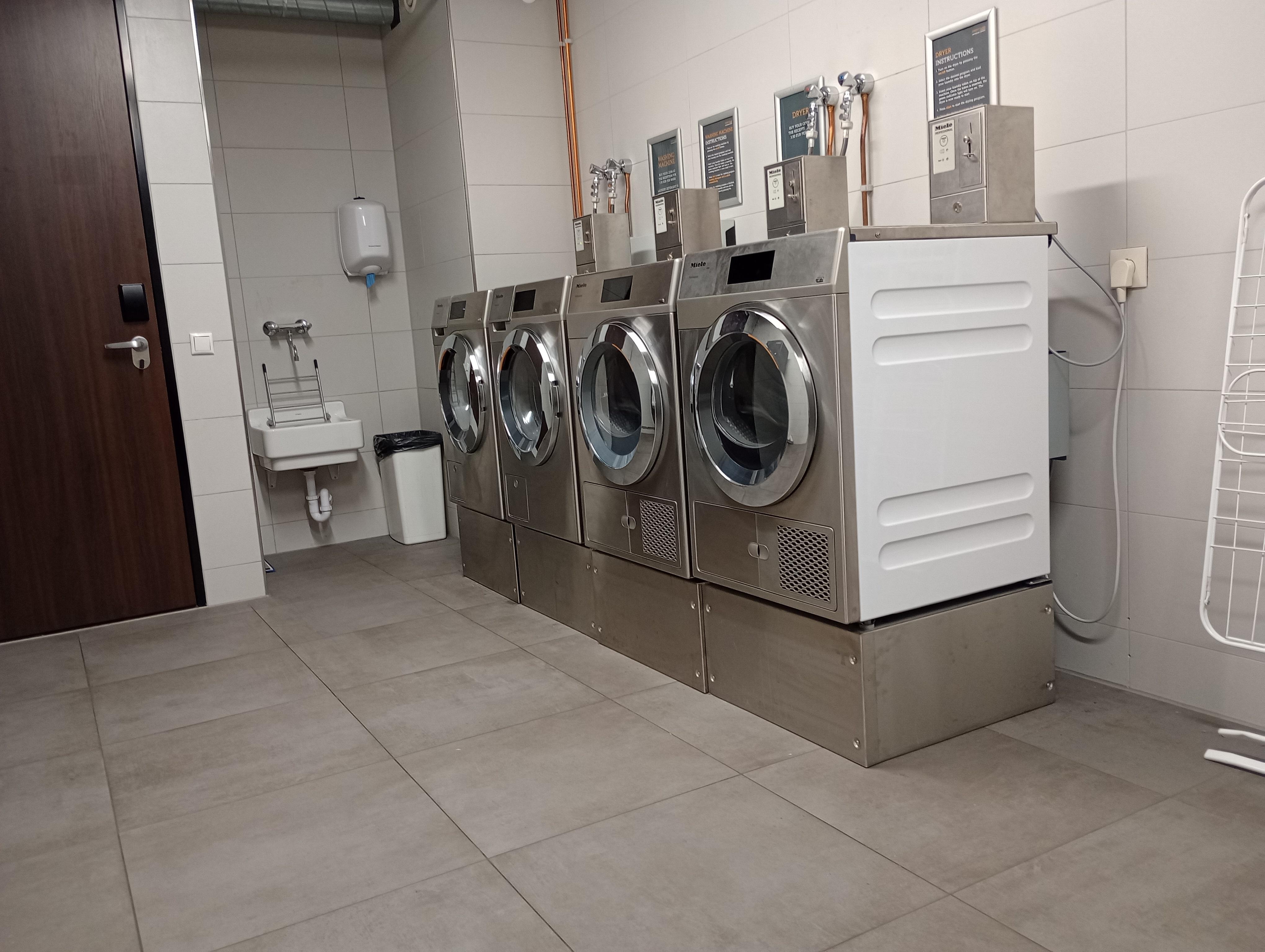 The front desk has tokens if you want to use the laundry equipment. Much cheaper than the actual laundry service. €3,50 each machine and there is a clothes line in the bathroom if they don't get all the way dry. 