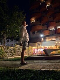 Hotel from outside. The light below are the Restaurants.