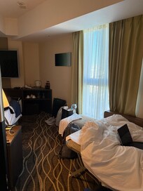 View from the entrance. Pull out to the right and the king size bed is on the left by the light