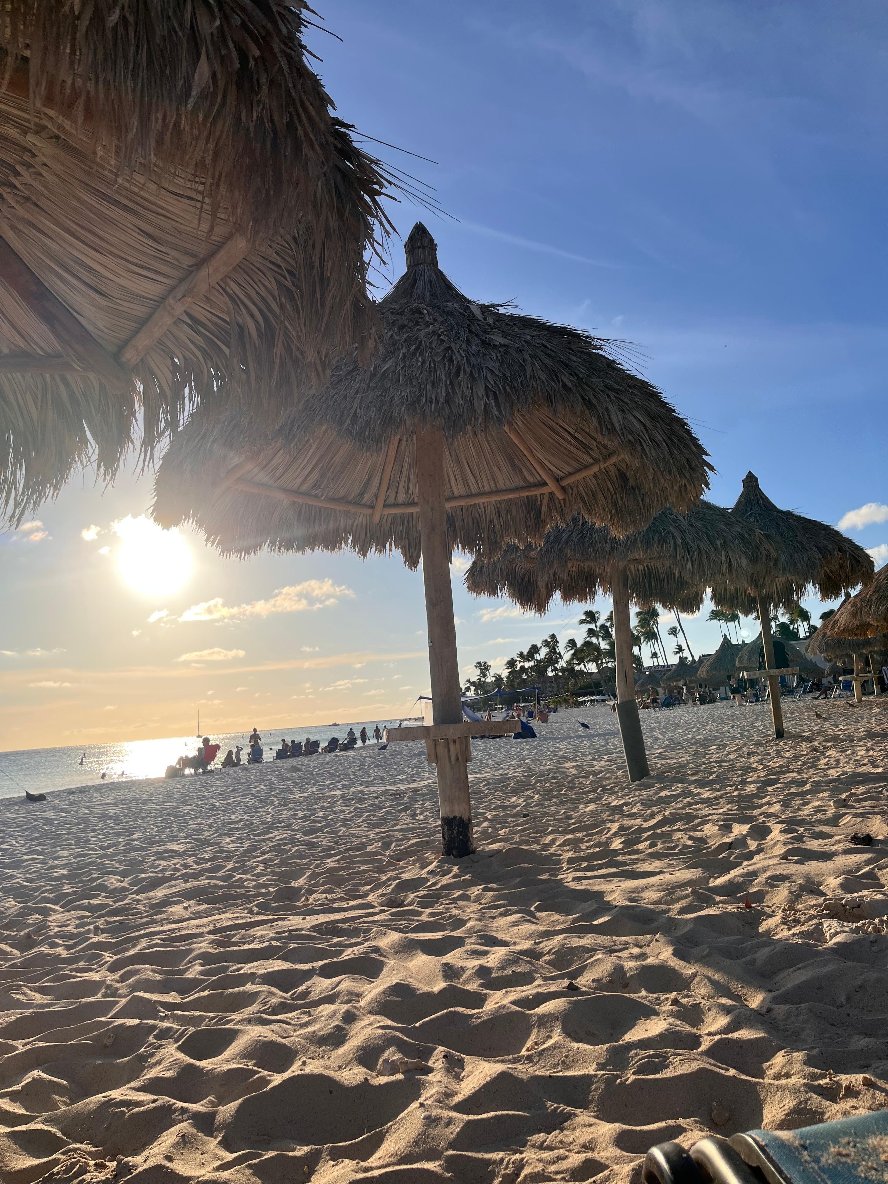 View of the sunset from the private palapa on Divi Beach