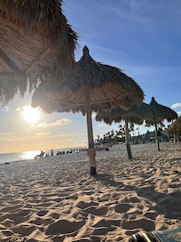 View of the sunset from the private palapa on Divi Beach