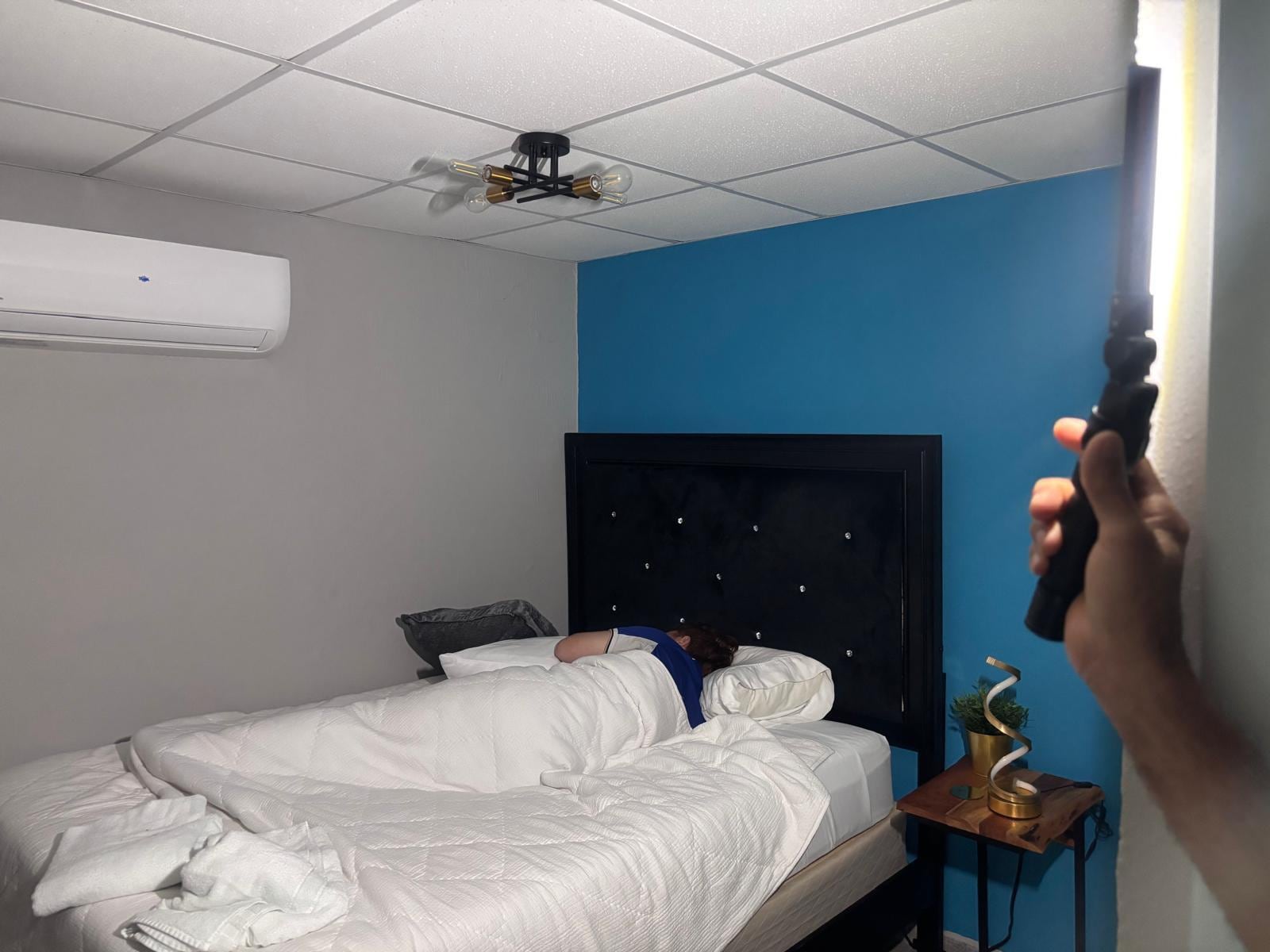 No windows in any of the room and no answer from host for reimbursement, since we had to relocate due to massive and power outage and never slept in his house.  You could see my husband holding up a flashlight to take the pictures.