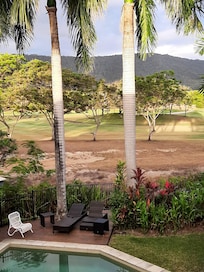 Early morning light through trees on the golf course.