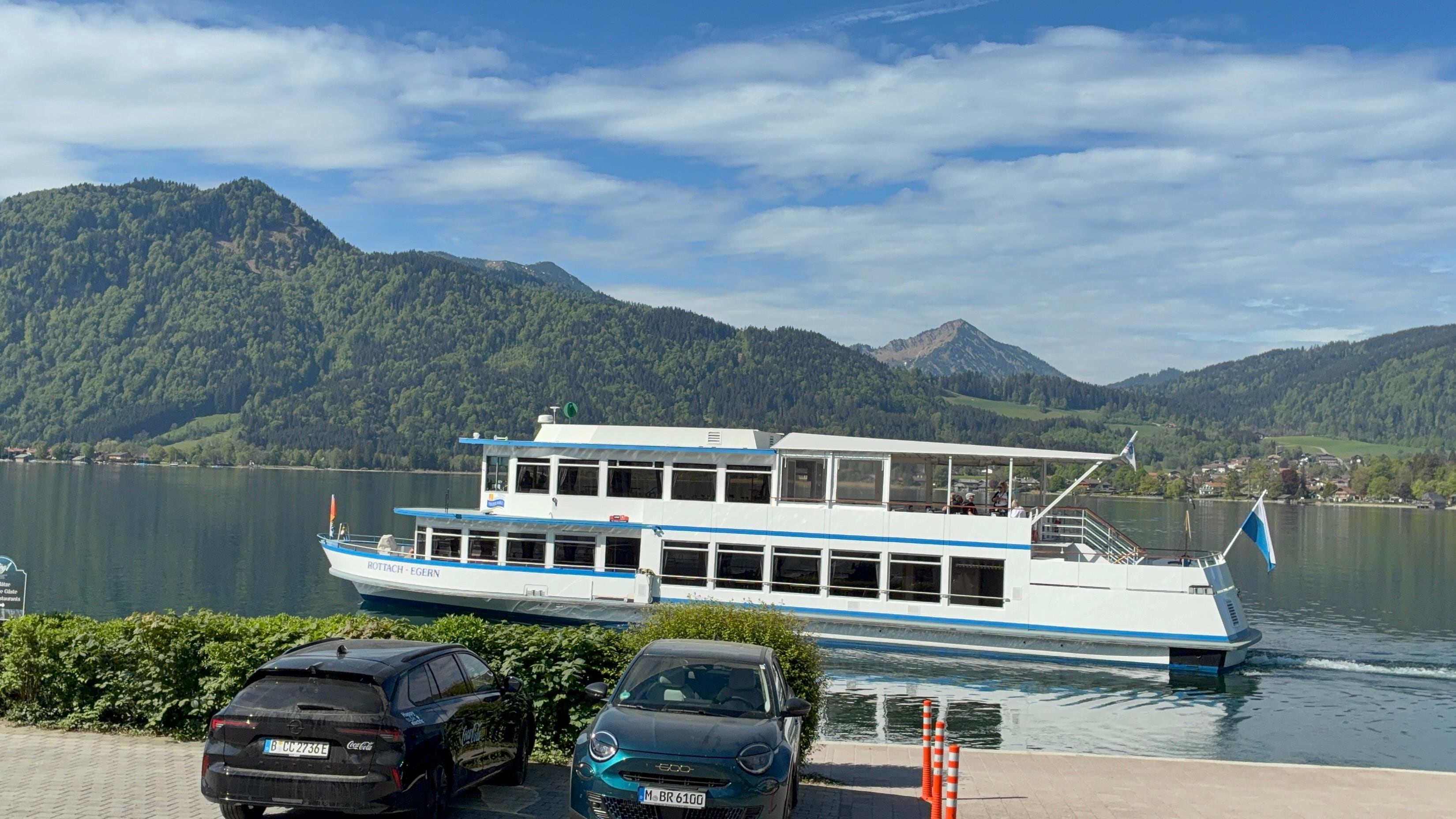 Tegernsee Ferry, and on the big boat you can enjoy an adult beverage. 