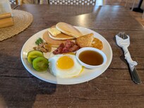 No free buffet. Just one free breakfast plate per person.