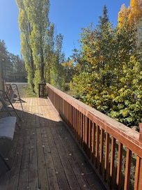The deck next to trees.