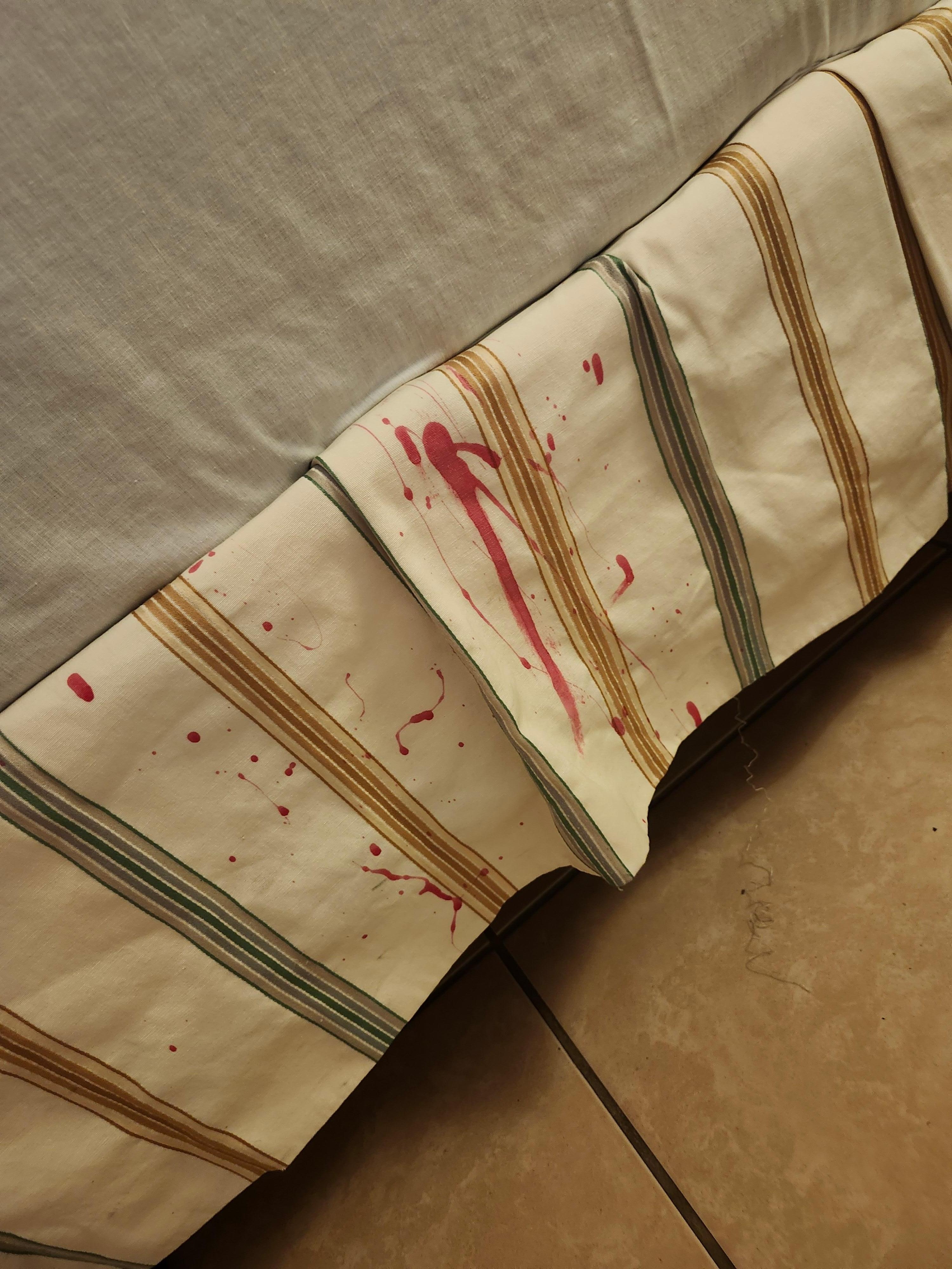 Guess the stain on bed skirt  ?
1 bed had thick blanket
Other had sheet only