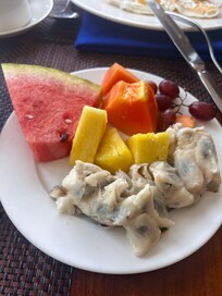 The variety of fruits at breakfast
