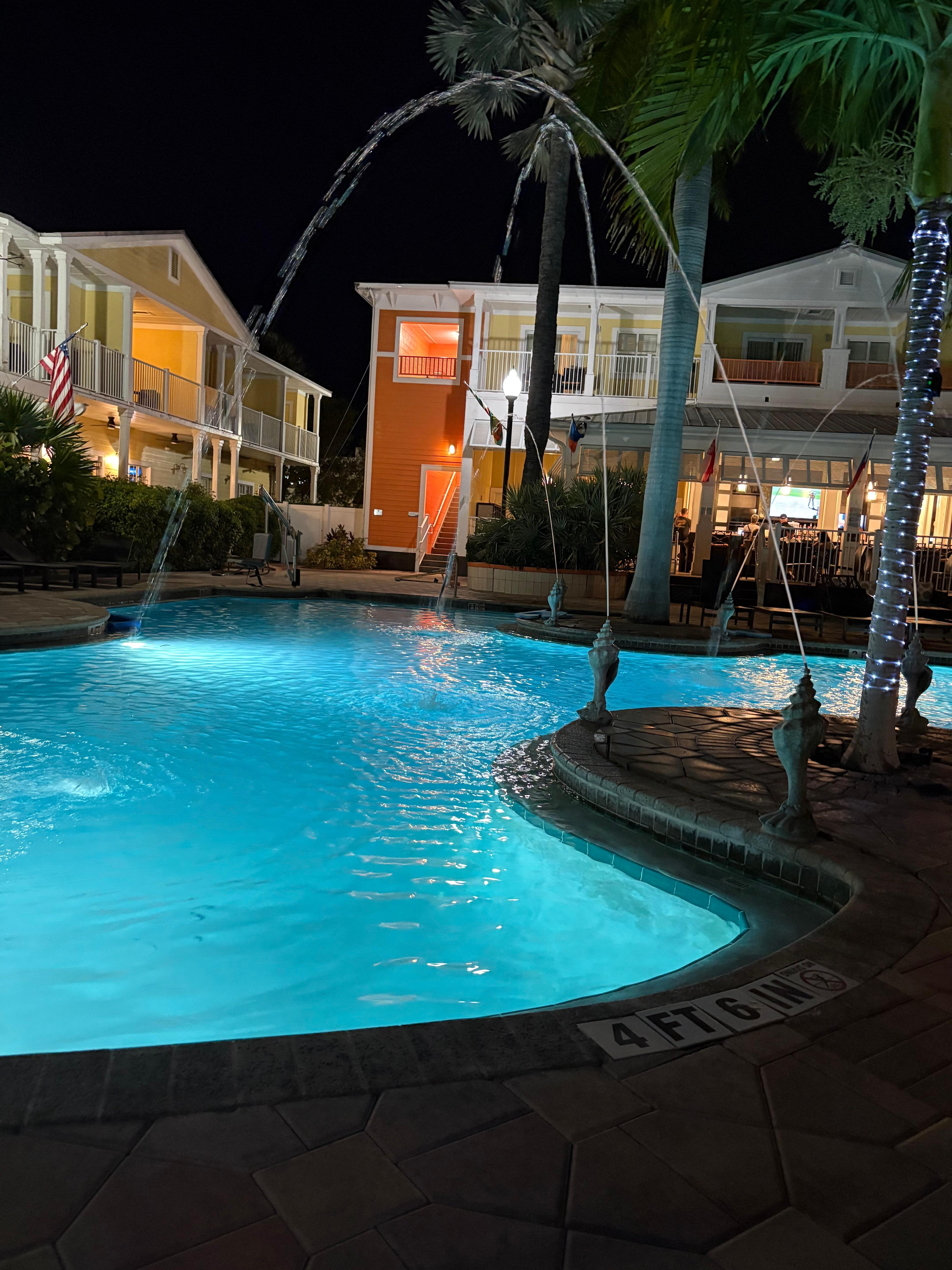 Night photo of the pool