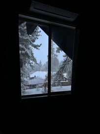 View from the upstairs bedroom, there is an open field and then a nursery. It's quiet and feels secluded.