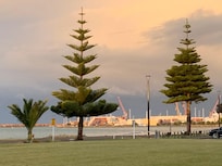 Late afternoon sun on the nearby port.