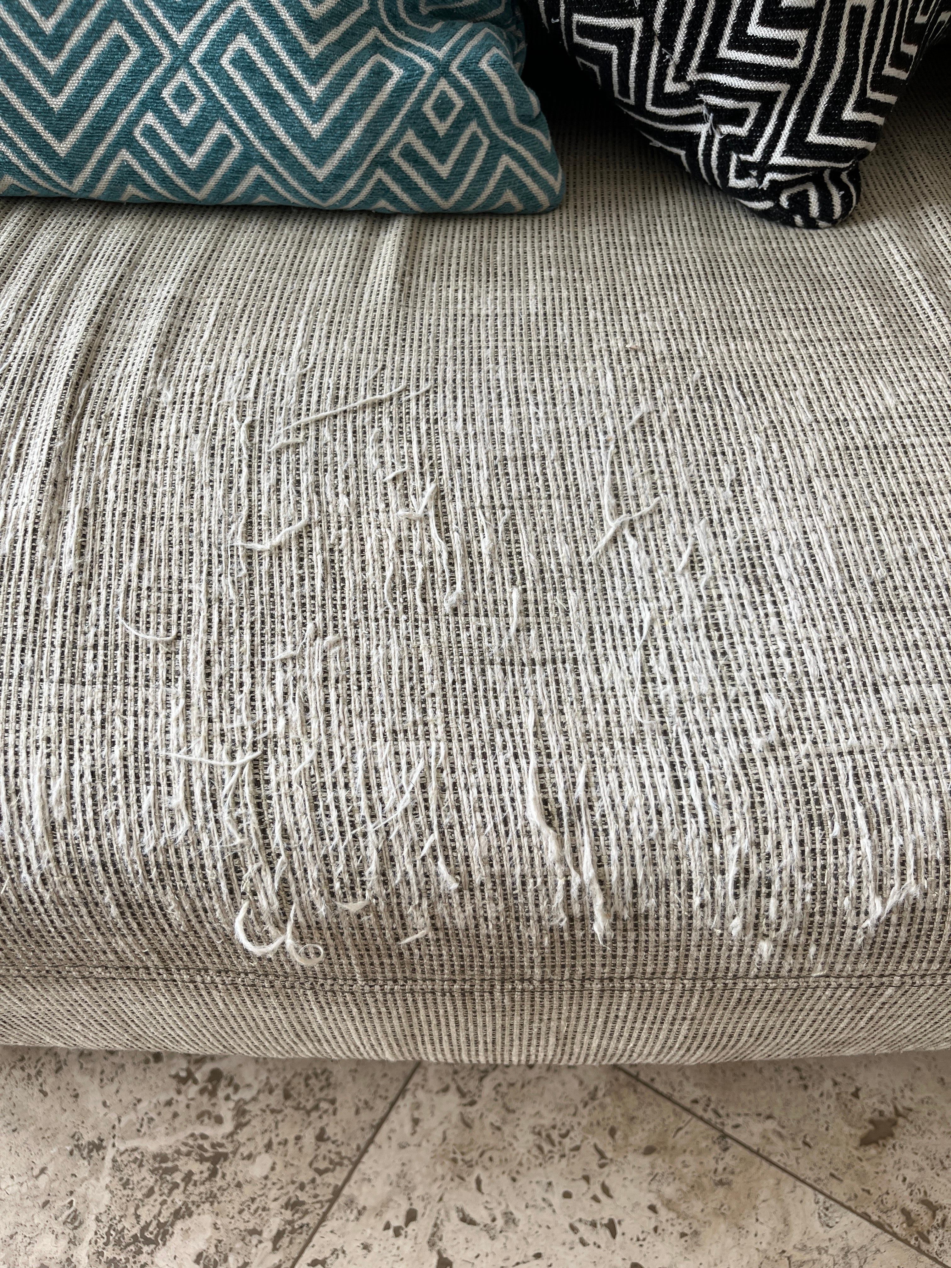 couch that appears to have been used as scratching post by a cat