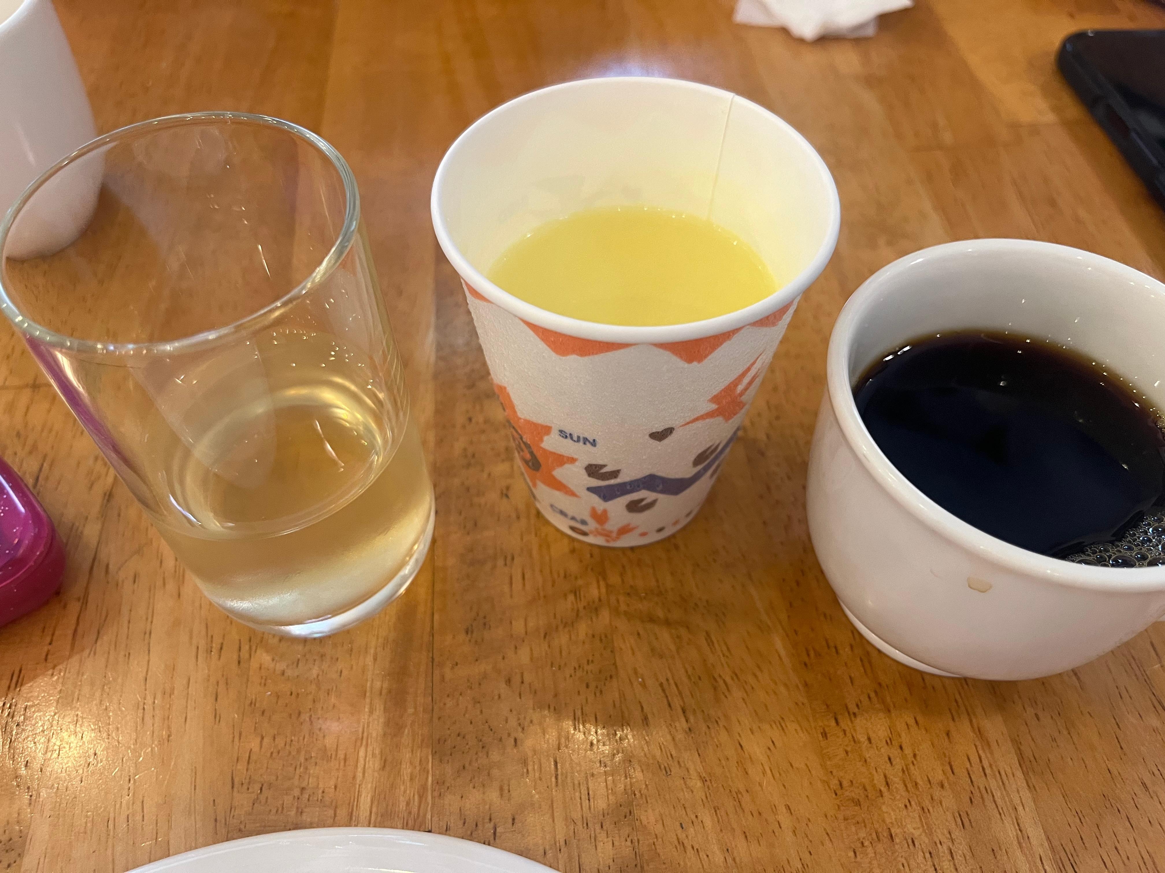 Apple juice (best I’ve ever had), corn soup (super tasty), coffee all from breakfast