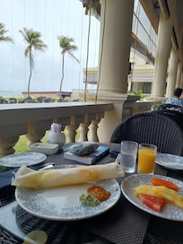 Breakfast has a lovely view out on the Indian Ocean. Lots of.choice for everyone's tastes.