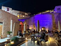The outside courtyard at night