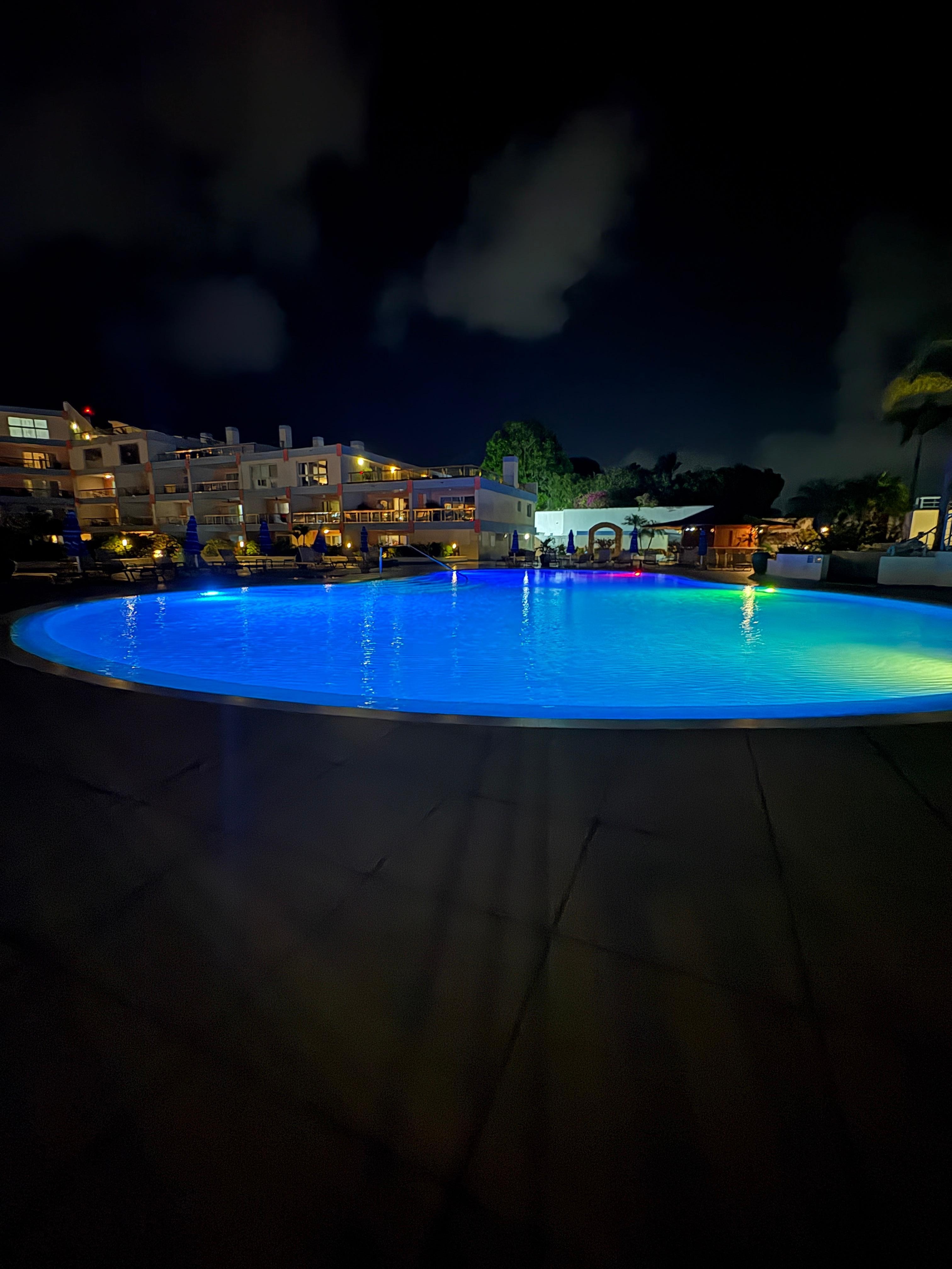 Pool area at night 