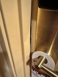 Door frame bent. Door easily opened with any kind of card by just popping it in. We had to switch rooms as a result. We saw rooms all down our hallway with door frames like this.