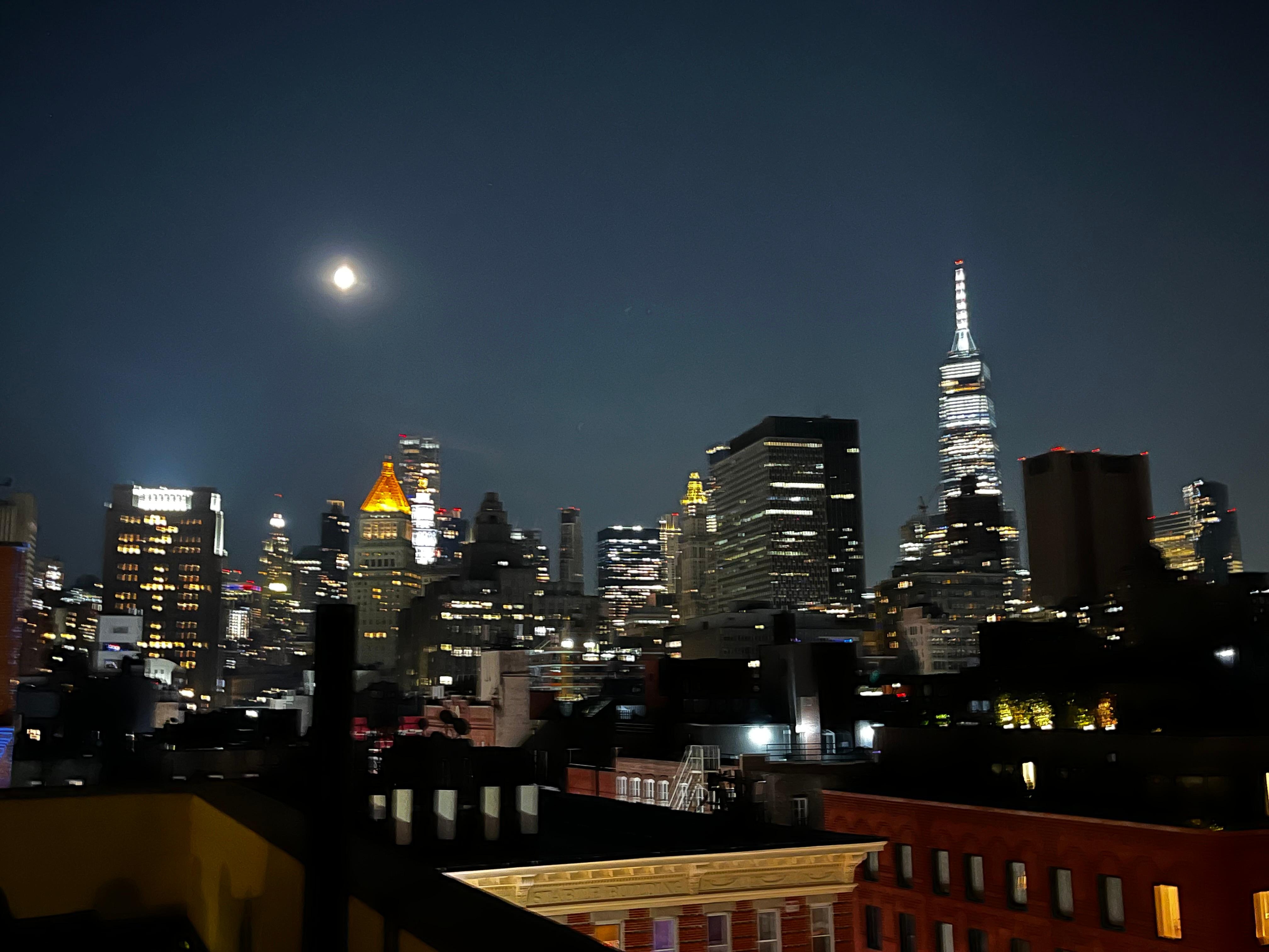 Night time view from rooftop deck.
