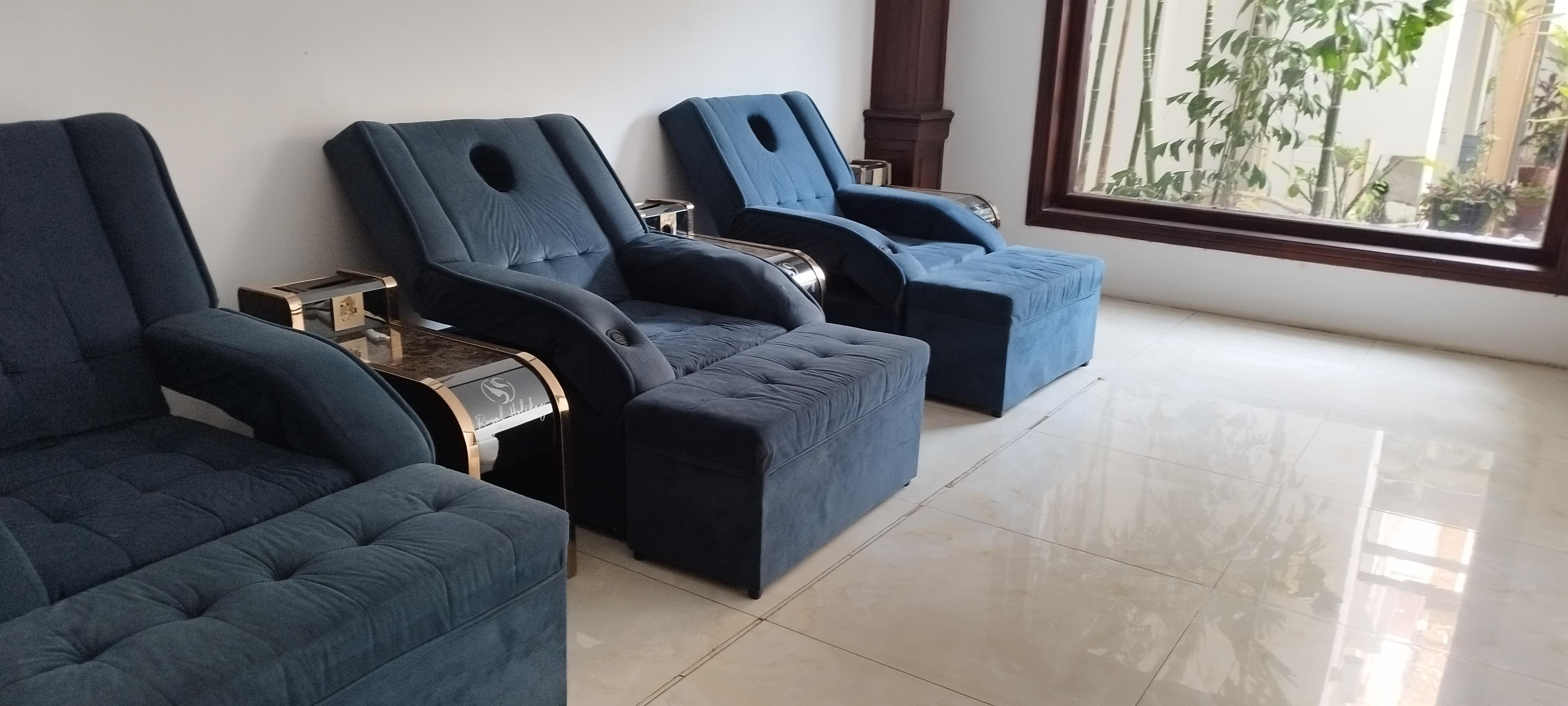 Indoor recliners near the pool