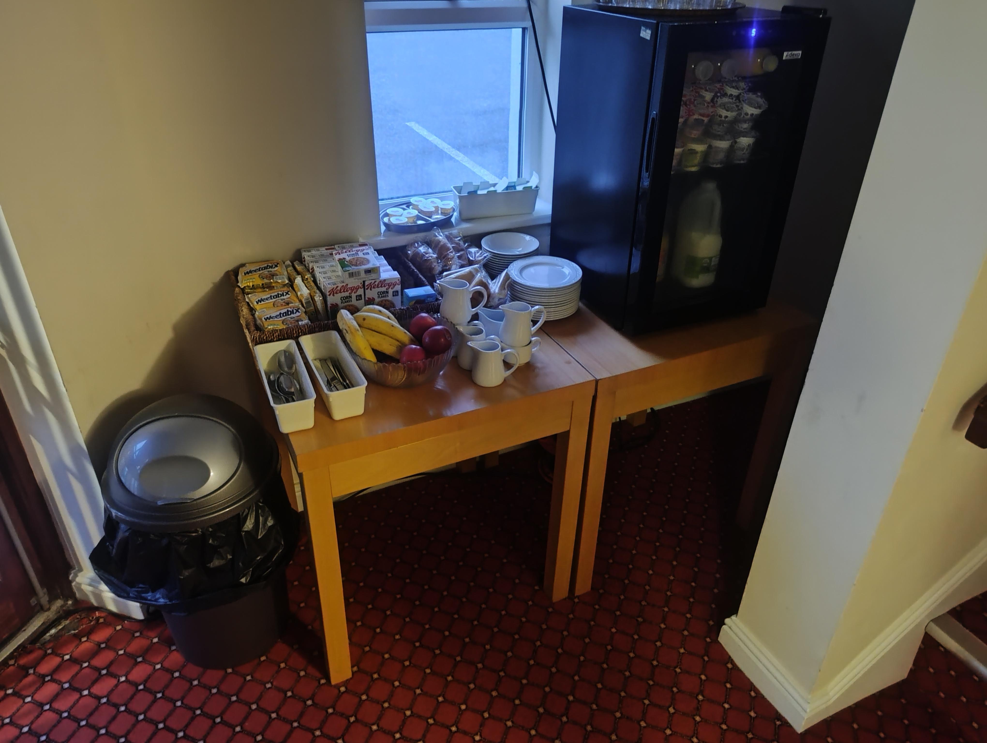 Breakfast - laid out at the foot of stairs next to fire exit, no seating. Help yourself and take it back to room. Not quite same as web-site.