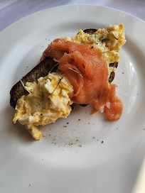 One of the breakfast options- scrambled eggs on sourdough bread with Scottish salmon.