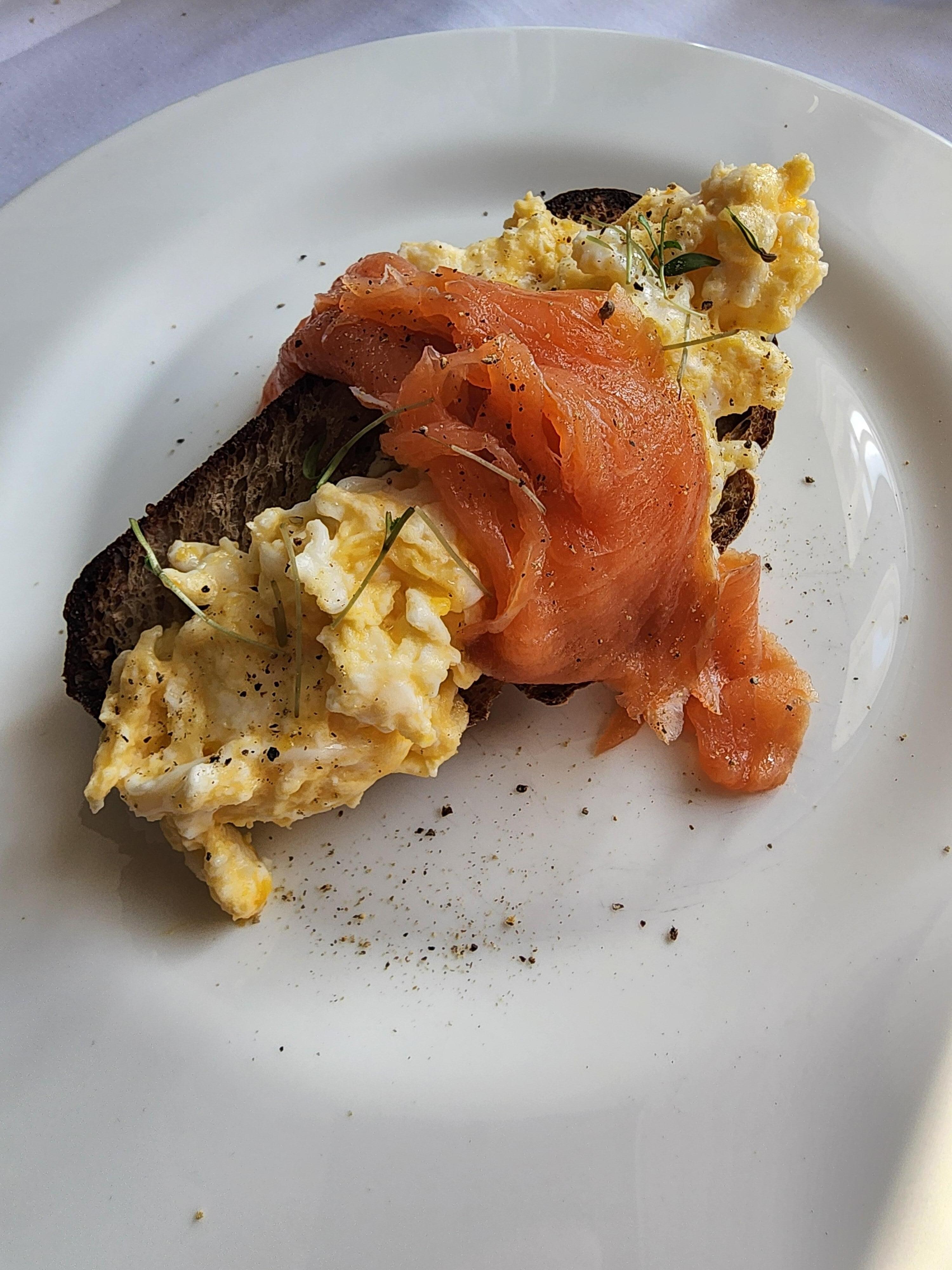 One of the breakfast options- scrambled eggs on sourdough bread with Scottish salmon.