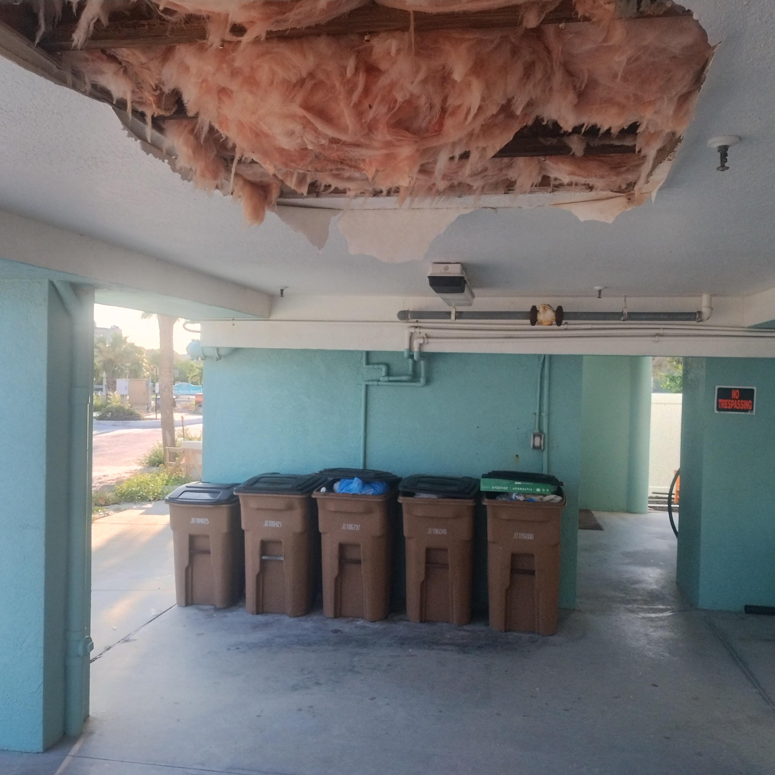 garbage in stairwell and debris falling out of the damaged ceiling above  parking