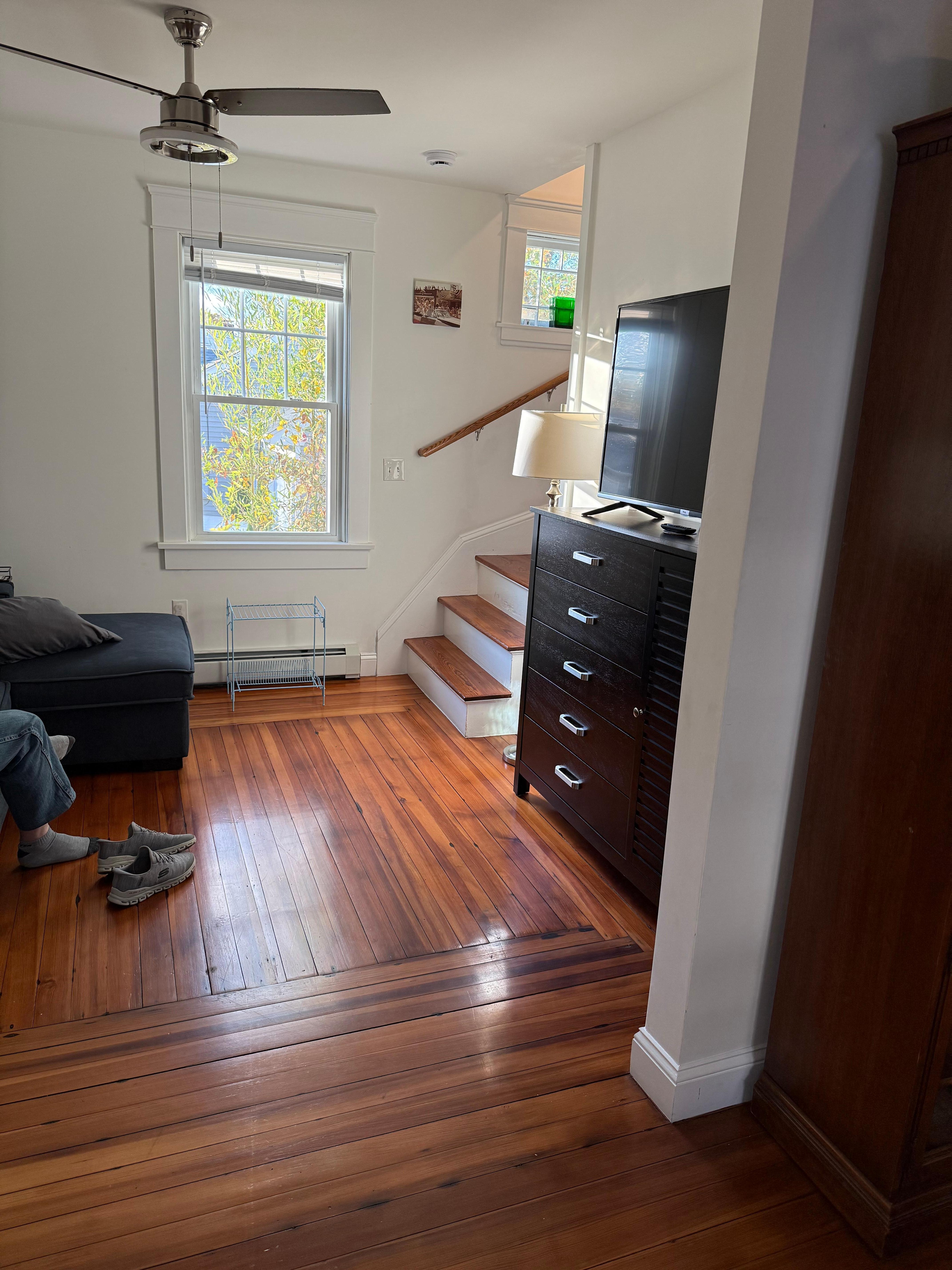 Living room has a couch that turns into a queen size bed