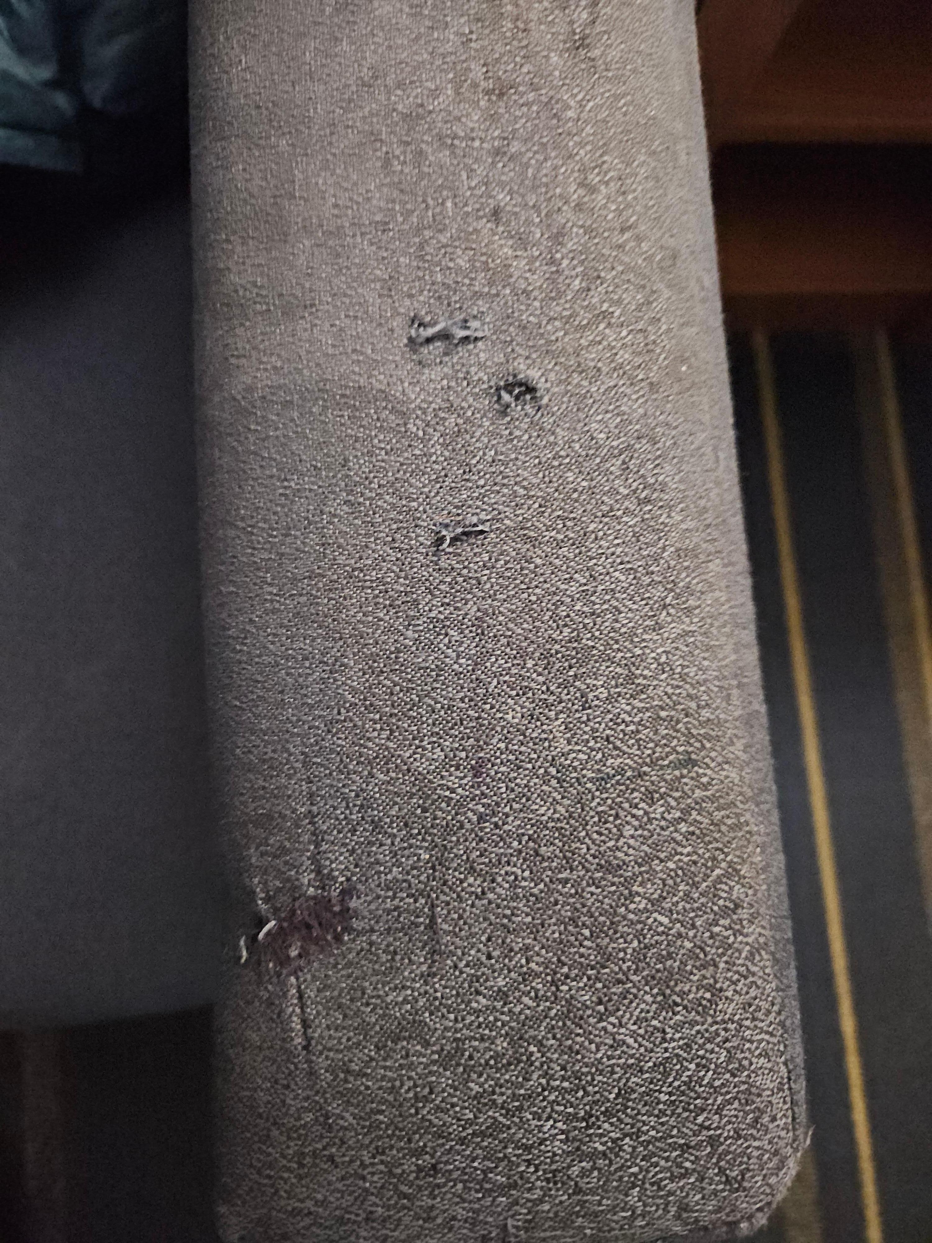 Holes on the arm of the couch in the room.