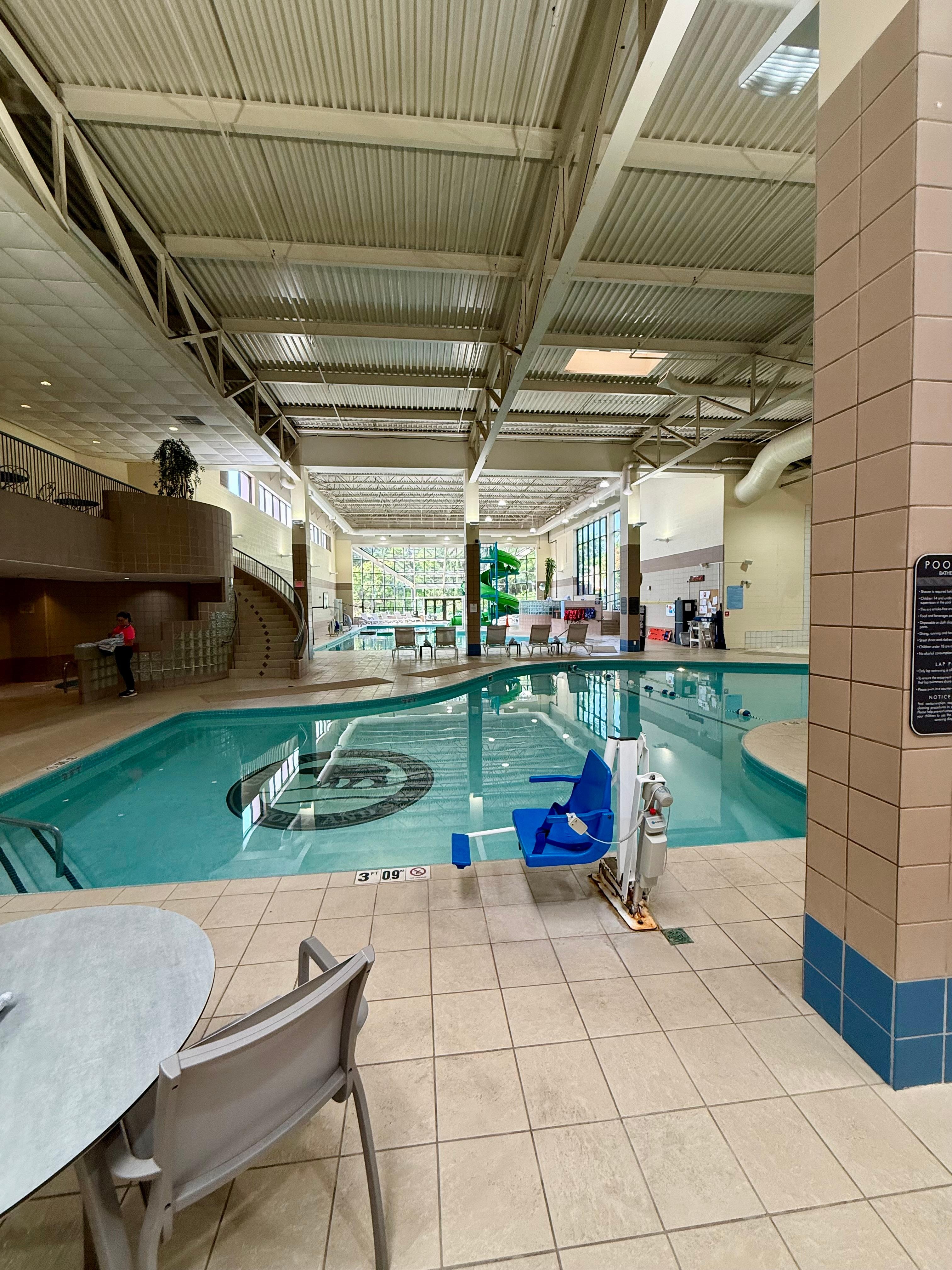 Indoor pool area. There is also an outdoor spa to use as the indoor one gets filled up with kids. Water temperature was nice.