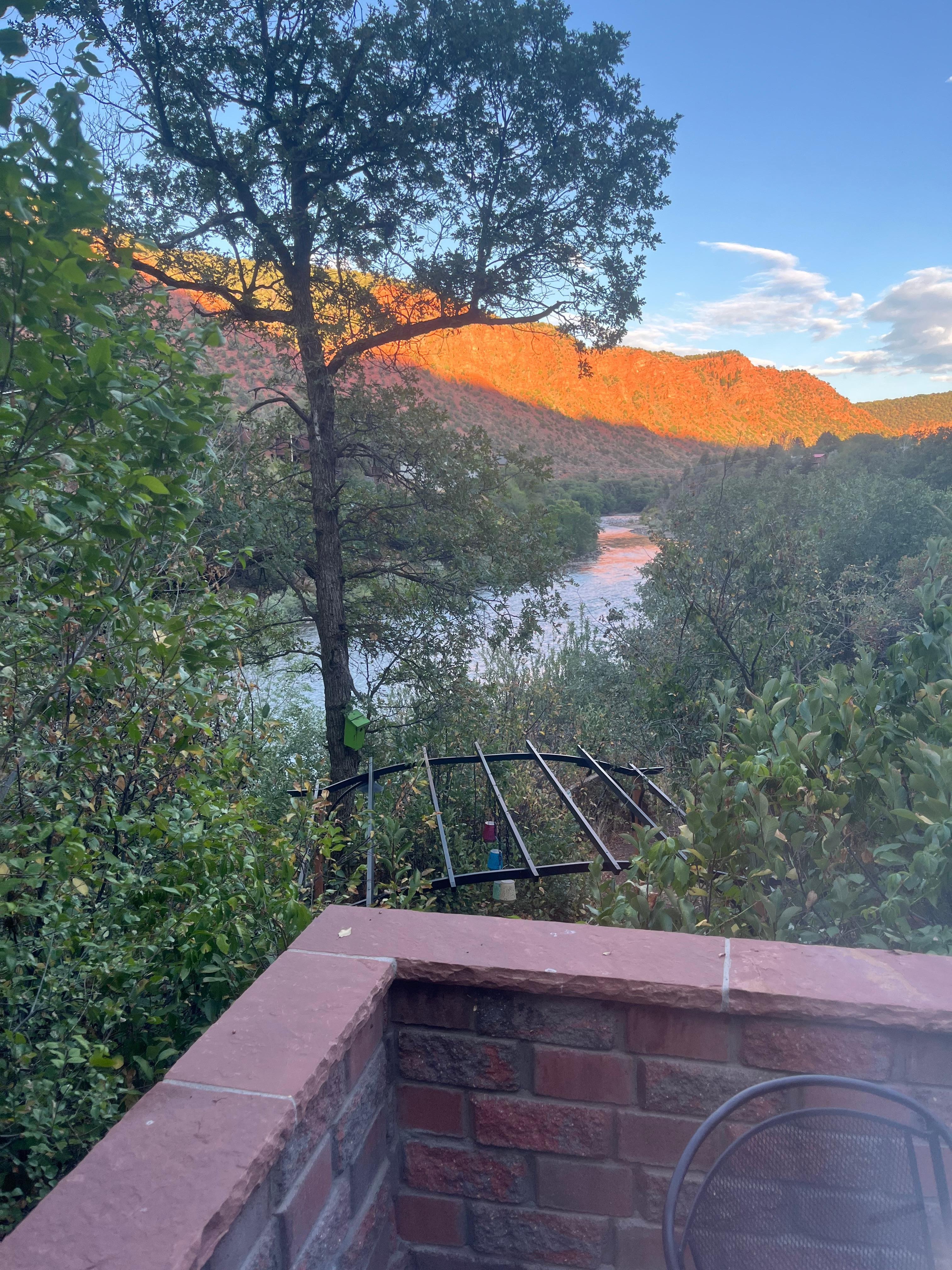 View from patio of Rifle river. Short walk to river’s walking/ bike path.