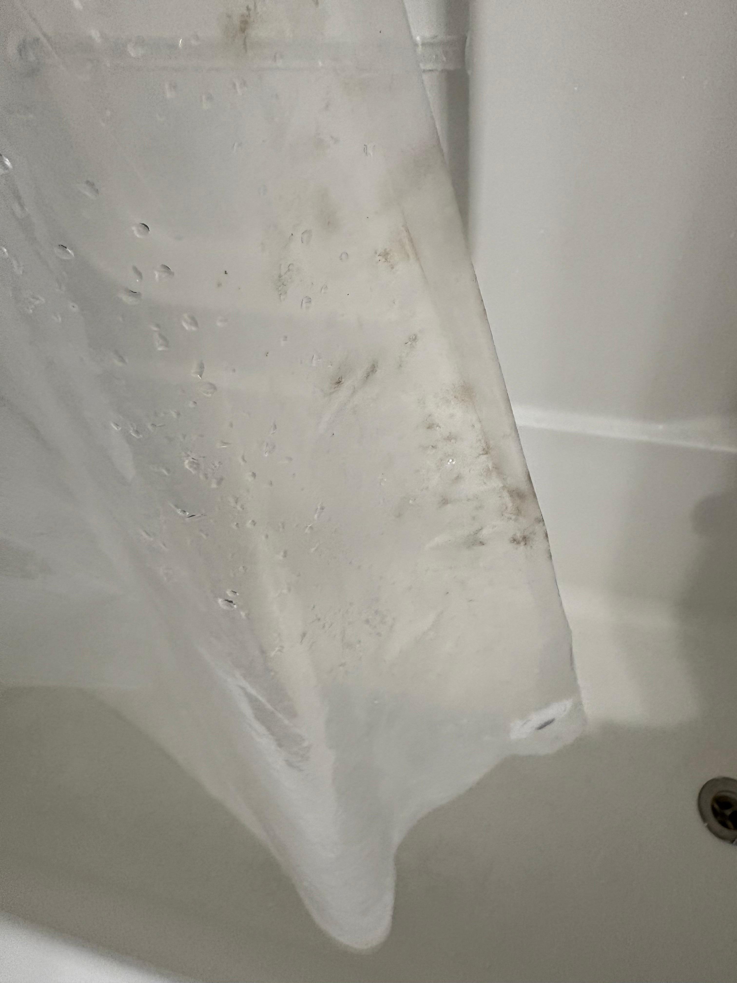 More shower curtain. Small bathroom.