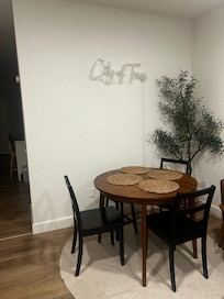 The after photo of the small dent in the wall taken upon check out. Not sure if it was there prior or from my stay. No photo proof. Tiny dent 200.00 to patch, really?? Scam!