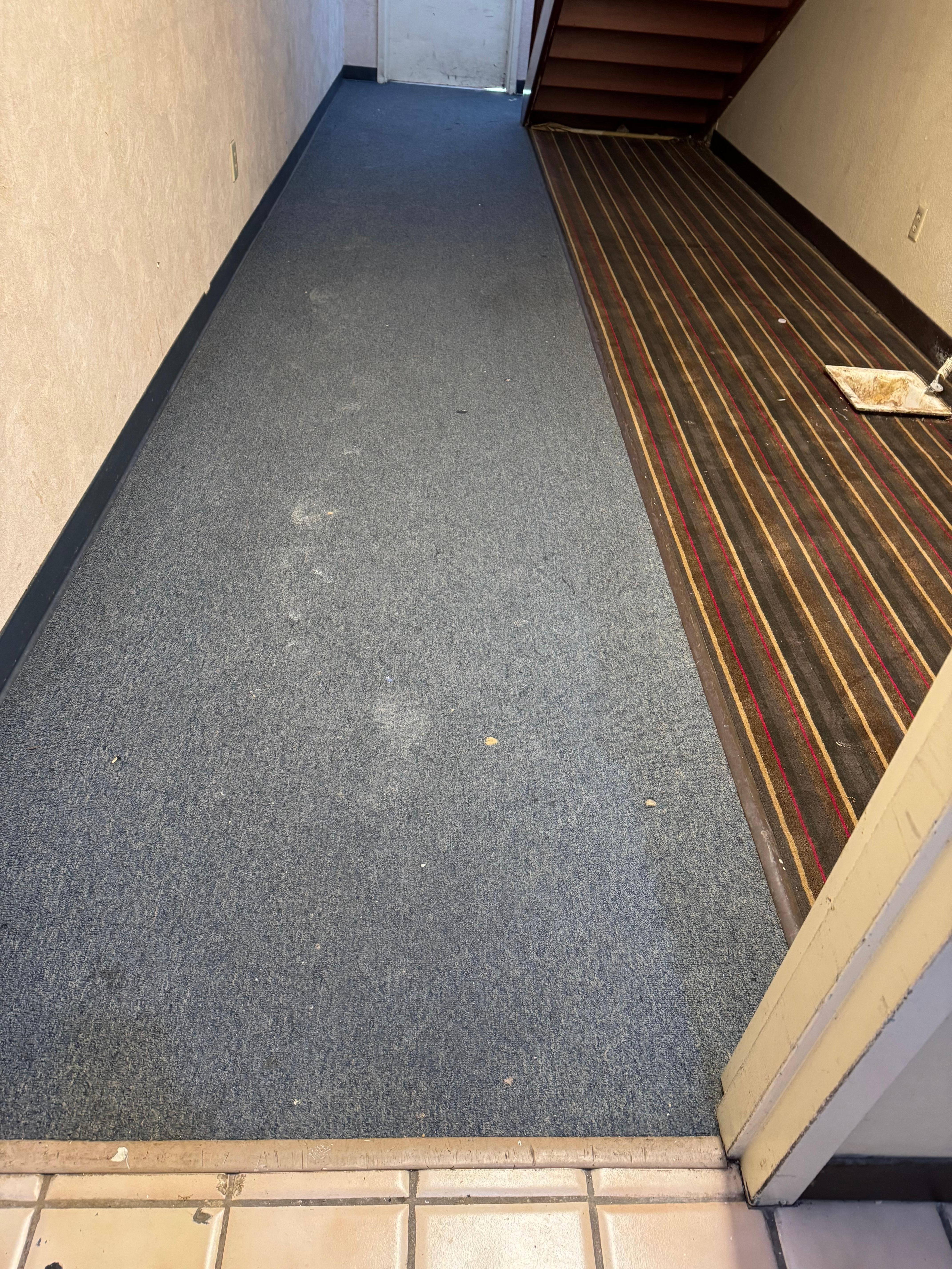 Broken drywall pieces on the floor of the main hallway. 