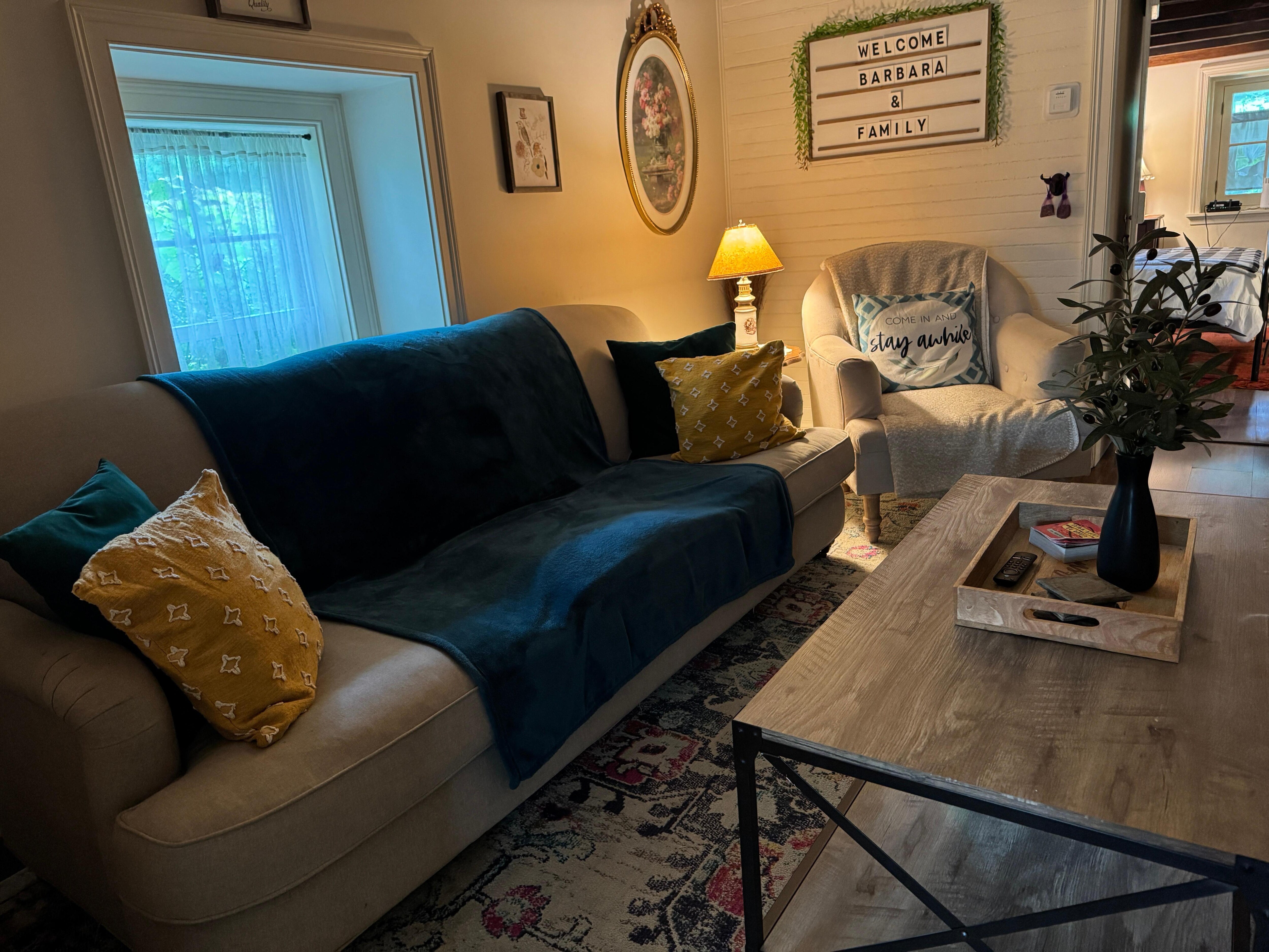 Comfortable seating area in the living room to enjoy reading or watching TV