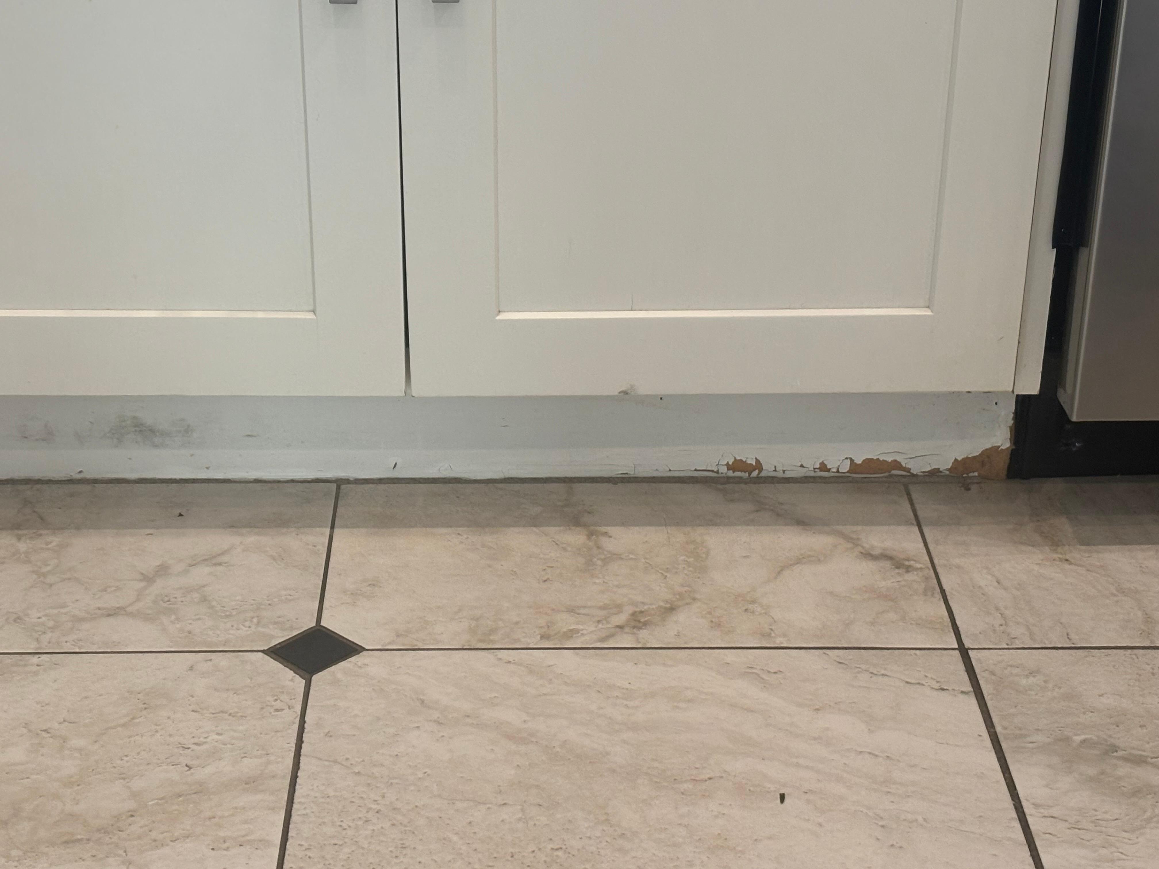 Worn baseboards in kitchen