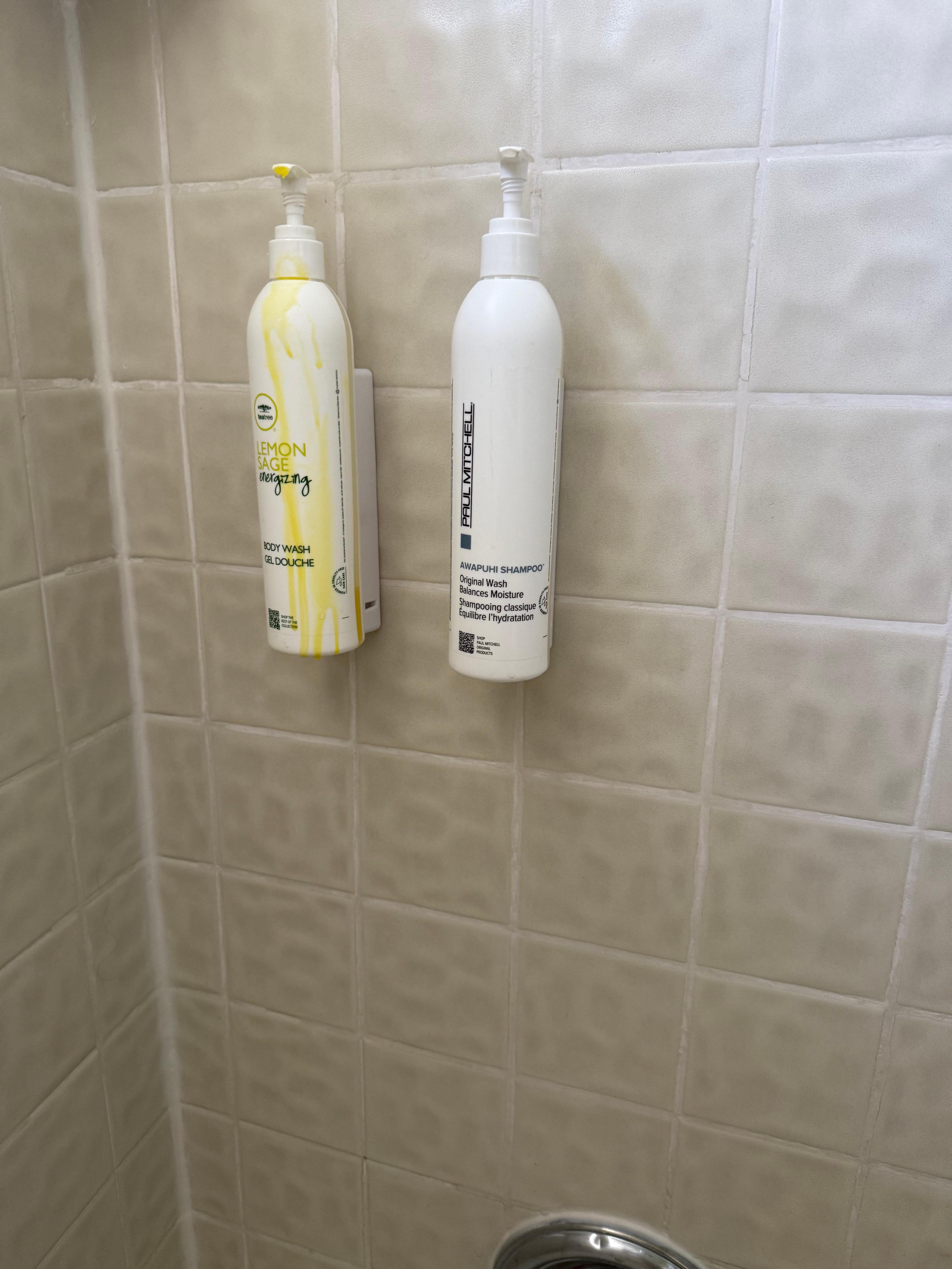 Dripping shampoo bottles and soap. Ew!