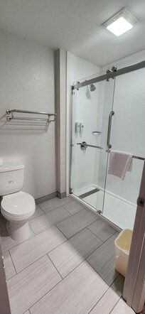 Bathroom with walk-in shower.