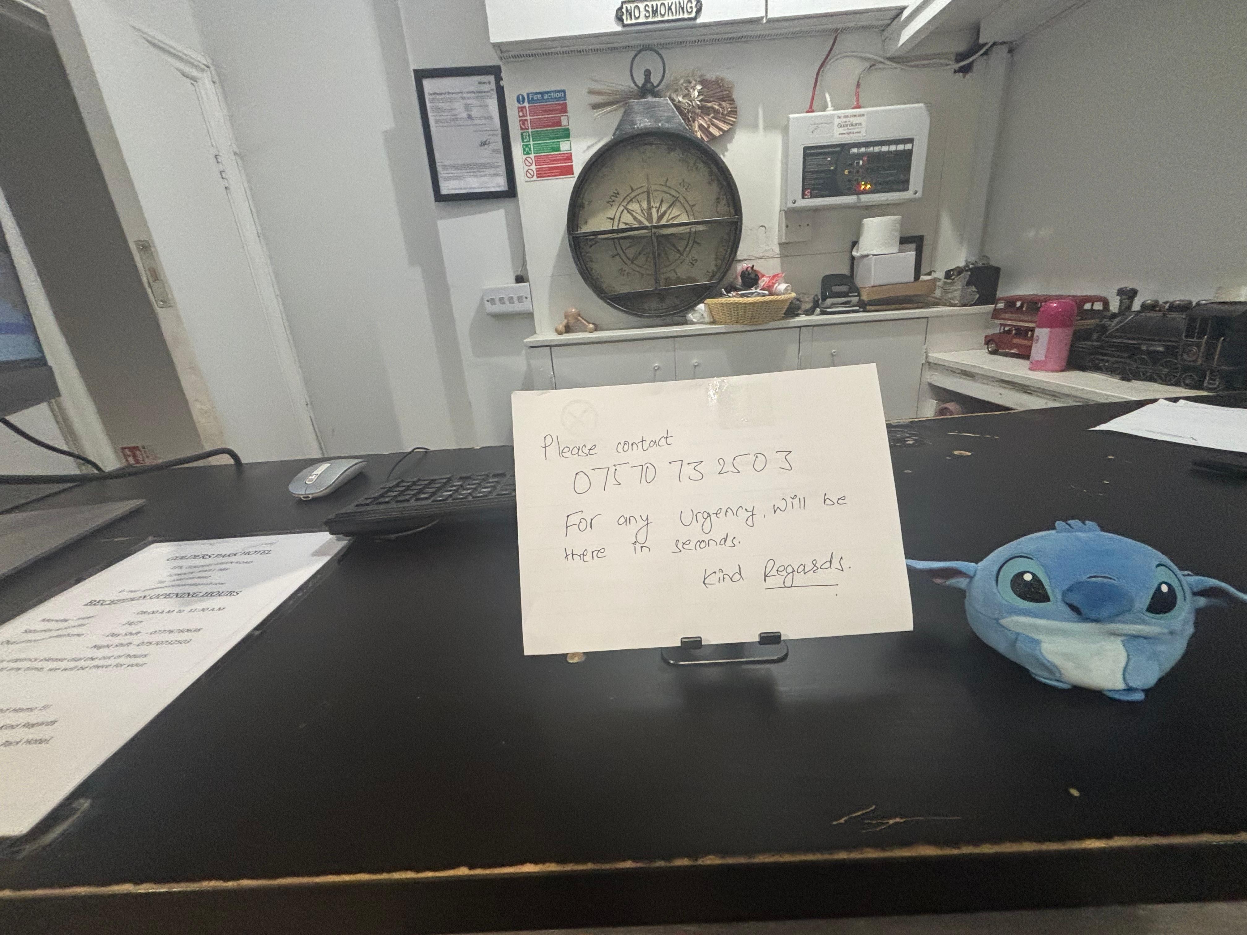 Went out to talk about the tv not working and no reception staff whilst the door was left wide open (see below)