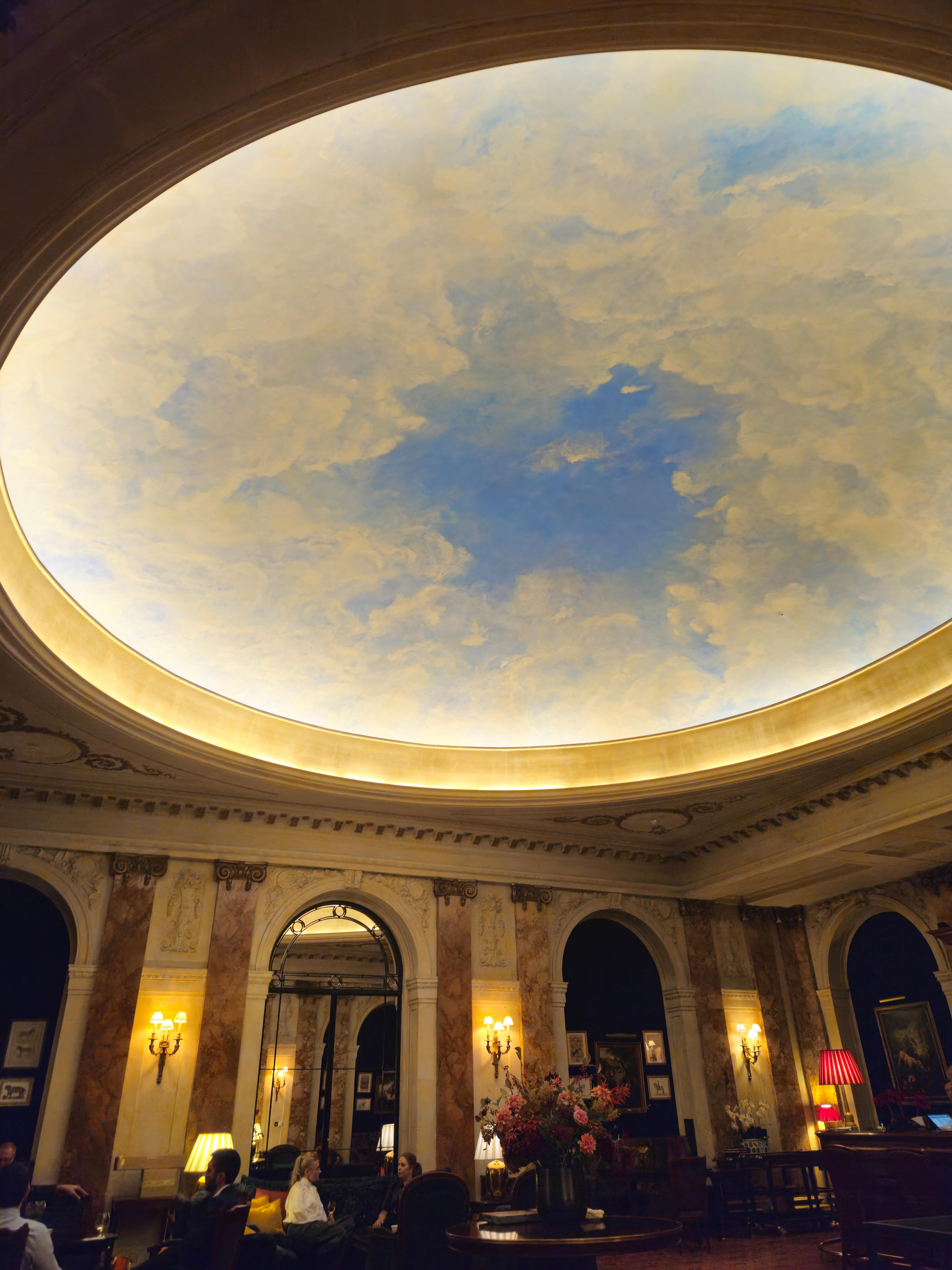 The wonderfully painted ceiling in the bar area.