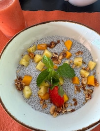 Coconut chia pudding with fresh fruit.