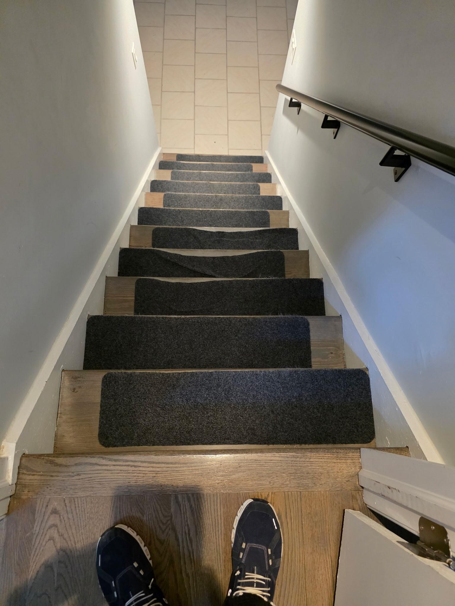 Stairs to lower lever where walk in shower is, showing steapness.