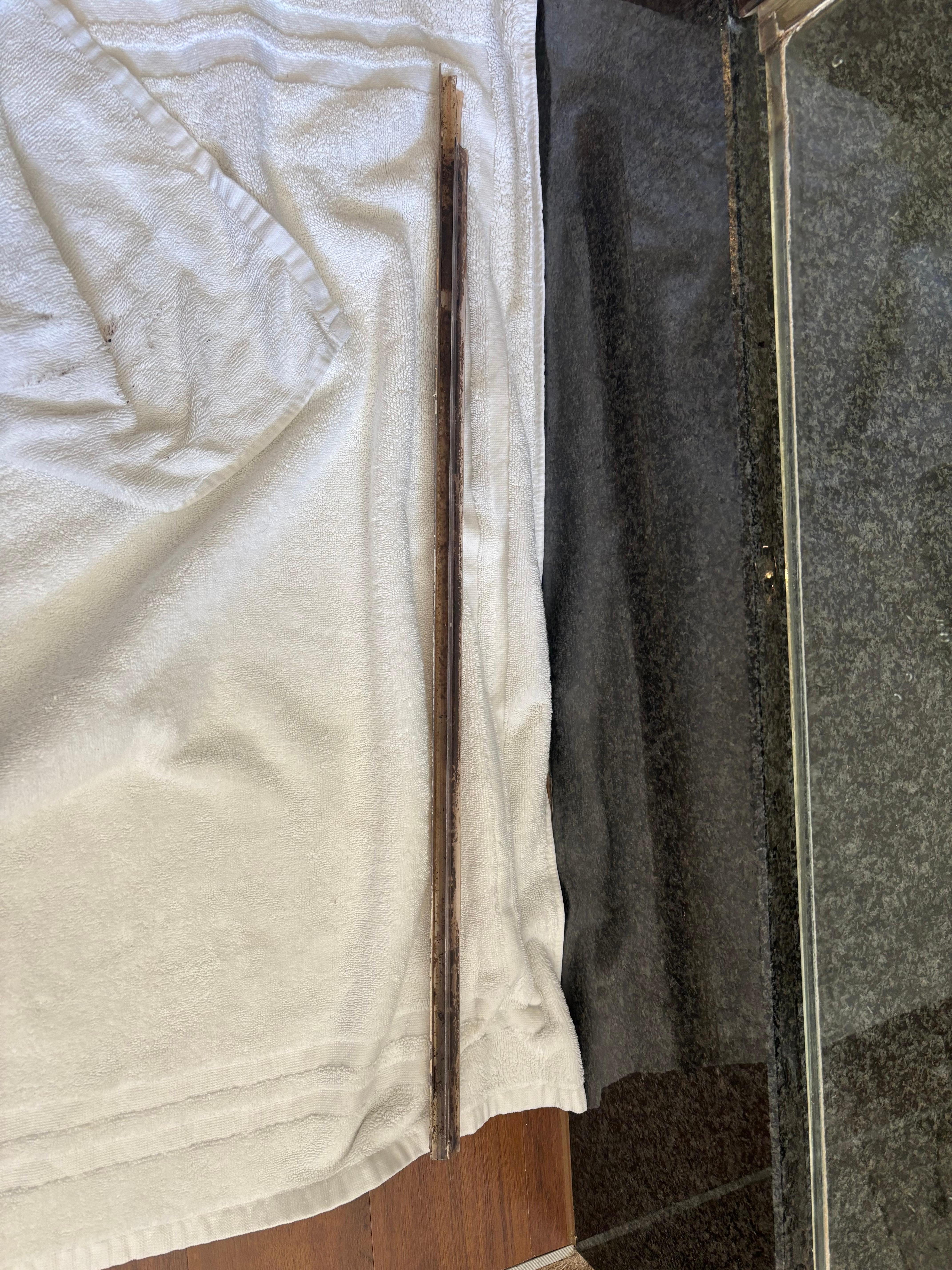 Moldy, broken water guard on shower door