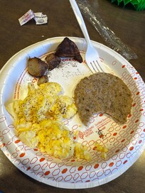 Scrambled eggs, chicken sausage and roasted Yukon gold potatoes