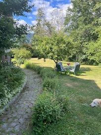 The walkway to the apartment and out to the yard