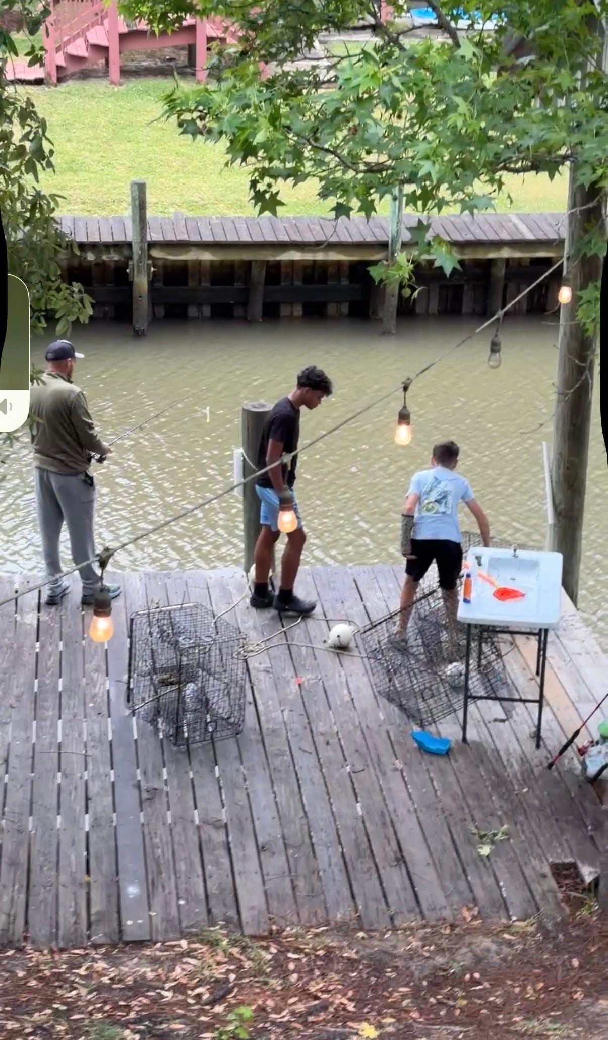 waterfront view, kayaks, fishing