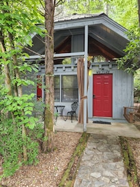 Entering our cozy cabin.